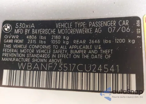 2007 BMW 530Xi из США, поврежденный, VIN WBANF73517CU24541